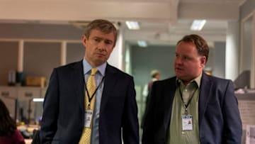 From ITV StudiosA CONFESSION on ITVEpisode 1Pictured: MARTIN FREEMAN as Steve Fulcher and DAVID CELLIST as DI Steve Kirby.This photograph must not be syndicated to any other company, publication or website, or permanently archived, without the express written permission of ITV Picture Desk. Full Terms and conditions are available on www.itv.com/presscentre/itvpictures/termsFor further information please contact:Patrick.smith@itv.com 0207 1573044