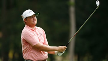 GREENSBORO, NORTH CAROLINA - AUGUST 14: Zac Blair of the United States plays his shot from the 11th tee during the second round of the Wyndham Championship at Sedgefield Country Club on August 14, 2020 in Greensboro, North Carolina. (Photo by Chris Keane/Getty Images)