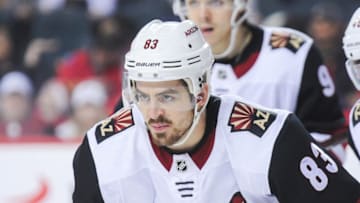 CALGARY, AB - FEBRUARY 18: Conor Garland #83 of the Arizona Coyotes in action against the Calgary Flames during an NHL game at Scotiabank Saddledome on February 18, 2019 in Calgary, Alberta, Canada. (Photo by Derek Leung/Getty Images)