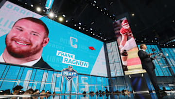 ARLINGTON, TX - APRIL 26: A video board displays an image of Frank Ragnow of Arkansas after he was picked #20 overall by the Detroit Lions during the first round of the 2018 NFL Draft at AT&T Stadium on April 26, 2018 in Arlington, Texas. (Photo by Ronald Martinez/Getty Images)