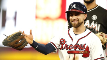 ATLANTA, GA - SEPTEMBER 07: Centerfielder Ender Inciarte #11 of the Atlanta Braves smiles and gives back the glove of second baseman Dee Gordon #9 of the Miami Marlins (not pictured) after Inciarte stole second and slid over Gordon's glove in the first inning during the game at SunTrust Park on September 7, 2017 in Atlanta, Georgia. (Photo by Mike Zarrilli/Getty Images)