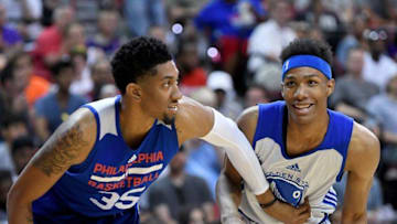 Jul 12, 2016; Las Vegas, NV, USA; Philadelphia 76ers forward Christian Wood (35) defends former UNLV team mate Golden State Warriors guard Patrick McCaw during an NBA Summer League game at Thomas & Mack Center. Mandatory Credit: Stephen R. Sylvanie-USA TODAY Sports