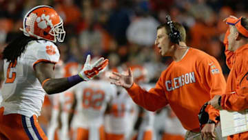 Clemson wide receiver Sammy Watkins (2) and head coach Dabo Swinney during the 4th quarter of the Discover Orange Bowl at Sun Life Stadium in Miami Friday, Jan. 3, 2014. BART BOATWRIGHT/StaffDsc 1816