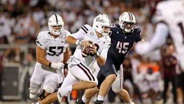 STARKVILLE, MISSISSIPPI - SEPTEMBER 09: Will Rogers #2 of the Mississippi State Bulldogs carries the ball during the second half against the Arizona Wildcats at Davis Wade Stadium on September 09, 2023 in Starkville, Mississippi. (Photo by Justin Ford/Getty Images)