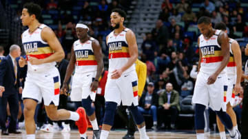 NEW ORLEANS, LOUISIANA - JANUARY 30: Frank Jackson #15 of the New Orleans Pelicans, Jahlil Okafor #8, Darius Miller #21, Kenrich Williams #34 and Jrue Holiday #11 react during a game against the Denver Nuggets at the Smoothie King Center on January 30, 2019 in New Orleans, Louisiana. NOTE TO USER: User expressly acknowledges and agrees that, by downloading and or using this photograph, User is consenting to the terms and conditions of the Getty Images License Agreement. (Photo by Jonathan Bachman/Getty Images)