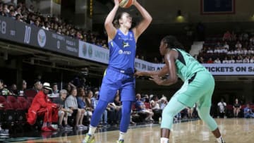 WHITE PLAINS, NY- June 28: Theresa Plaisance #55 of the Dallas Wings looks to pass against the against the New York Liberty on June 28, 2019 at the Westchester County Center, in White Plains, New York. NOTE TO USER: User expressly acknowledges and agrees that, by downloading and or using this photograph, User is consenting to the terms and conditions of the Getty Images License Agreement. Mandatory Copyright Notice: Copyright 2019 NBAE (Photo by Steven Freeman/NBAE via Getty Images)