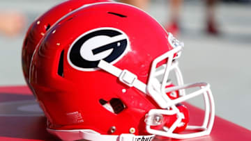 Apr 16, 2016; Athens, GA, USA; Detailed view of a Georgia Bulldogs helmet on the sidelines during the second half of the spring game at Sanford Stadium. The Black team defeated the Red team 34-14. Mandatory Credit: Brett Davis-USA TODAY Sports