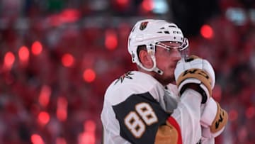 WASHINGTON, DC - JUNE 02: Nate Schmidt #88 of the Vegas Golden Knights looks on before playing Game Three of the 2018 NHL Stanley Cup Final against the Washington Capitals at Capital One Arena on June 2, 2018 in Washington, DC. (Photo by Patrick McDermott/NHLI via Getty Images)