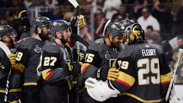 LAS VEGAS, NV - MAY 28: Ryan Reaves #75 congratulates goaltender Marc-Andre Fleury #29 after their team defeated the Washington Capitals 6-4 in Game One of the 2018 NHL Stanley Cup Final at T-Mobile Arena on May 28, 2018 in Las Vegas, Nevada. (Photo by Patrick McDermott/NHLI via Getty Images)