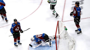 EDMONTON, ALBERTA - SEPTEMBER 04: Michael Hutchinson #35 of the Colorado Avalanche reacts after allowing the game-winning goal to Joel Kiviranta (not pictured) of the Dallas Stars during the first overtime period to lose Game Seven of the Western Conference Second Round during the 2020 NHL Stanley Cup Playoffs at Rogers Place on September 04, 2020 in Edmonton, Alberta, Canada. (Photo by Bruce Bennett/Getty Images)
