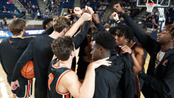 ANNAPOLIS, MD - NOVEMBER 11: The Princeton Tigers huddle before the Veterans Classic college basketball game against the Navy Midshipmen at Alumni Hall on November 11, 2022 in Annapolis, Maryland. (Photo by Mitchell Layton/Getty Images)