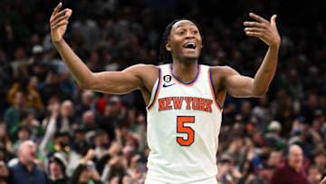 BOSTON, MASSACHUSETTS - MARCH 05: Immanuel Quickley #5 of the New York Knicks reacts during the fourth quarter of a game against the Boston Celtics at the TD Garden on March 05, 2023 in Boston, Massachusetts. NOTE TO USER: User expressly acknowledges and agrees that, by downloading and or using this photograph, User is consenting to the terms and conditions of the Getty Images License Agreement. (Photo by Brian Fluharty/Getty Images)
