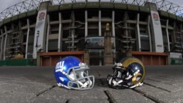 Oct 19, 2016; Twickenham, United Kingdom; General view of New York Giants and Los Angeles Rams helmets in front of the Rose & Poppy gates at Twickenham Stadium prior to game 16 of the NFL International Series on Oct 23, 2016. Mandatory Credit: Kirby Lee-USA TODAY Sports