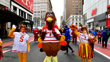 Turkey tech clowns and Turkey character walk in the 94th Annual Macy's Thanksgiving Day Parade® on November 25, 2020 in New York City. The World-Famous Macy's Thanksgiving Day Parade® kicks off the holiday season for millions of television viewers watching safely at home. (Photo by Eugene Gologursky/Getty Images for Macy's, Inc.)