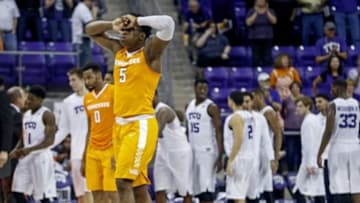Jan 30, 2016; Fort Worth, TX, USA; Tennessee Volunteers forward Admiral Schofield (5) reacts after the game against the TCU Horned Frogs at Ed and Rae Schollmaier Arena. Mandatory Credit: Kevin Jairaj-USA TODAY Sports