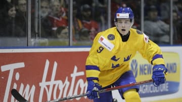 VICTORIA , BC - DECEMBER 29: Nils Lundkvist #9 of Sweden versus the United States at the IIHF World Junior Championships at the Save-on-Foods Memorial Centre on December 29, 2018 in Victoria, British Columbia, Canada. (Photo by Kevin Light/Getty Images)