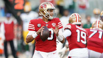 Sep 26, 2021; Santa Clara, California, USA; San Francisco 49ers quarterback Jimmy Garoppolo (10) throws a pass during the first quarter against the Green Bay Packers at Levi's Stadium. Mandatory Credit: Darren Yamashita-USA TODAY Sports