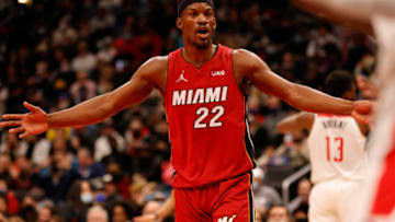Miami Heat forward Jimmy Butler (22) gestures towards an official against the Washington Wizards(Geoff Burke-USA TODAY Sports)