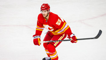 Mar 7, 2021; Calgary, Alberta, CAN; Calgary Flames defenseman Noah Hanifin (55) skates against the Ottawa Senators during the second period at Scotiabank Saddledome. Mandatory Credit: Sergei Belski-USA TODAY Sports