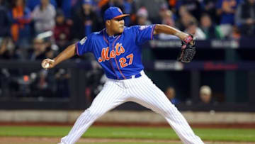 Nov 1, 2015; New York City, NY, USA; New York Mets relief pitcher Jeurys Familia throws a pitch against the Kansas City Royals in the 9th inning in game five of the World Series at Citi Field. Mandatory Credit: Brad Penner-USA TODAY Sports