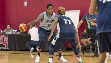 Jul 19, 2016; Las Vegas, NV, USA; USA guard DeMar DeRozan (9) is defended by guard Marcus Smart (77) during a practice at Mendenhall Center. Mandatory Credit: Joshua Dahl-USA TODAY Sports