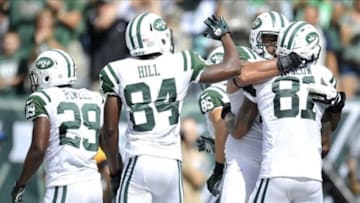 Sep 8, 2013; East Rutherford, NJ, USA; New York Jets celebrate a touchdown by New York Jets tight end Kellen Winslow (81) against the Tampa Bay Buccaneers during the first half at MetLife Stadium. Mandatory Credit: Joe Camporeale-USA TODAY Sports