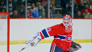 BOSTON,MA. - 1980's: Patrick Roy #33 of the Montreal Canadiens makes stick save against the Boston Bruins in game at the Boston Garden. (Photo by Steve Babineau/NHLI via Getty Images)