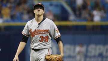 Sep 20, 2015; St. Petersburg, FL, USA; Baltimore Orioles starting pitcher Kevin Gausman (39) looks up as he gives up a three-run home run during the fifth inning against the Tampa Bay Rays at Tropicana Field. Mandatory Credit: Kim Klement-USA TODAY Sports