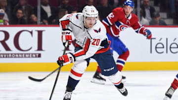 MONTREAL, QC - MARCH 24: Washington Capitals Center Lars Eller (20) skates in control of the puck during the Washington Capitals versus the Montreal Canadiens game on March 24, 2018, at Bell Centre in Montreal, QC (Photo by David Kirouac/Icon Sportswire via Getty Images)