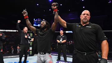 UTICA, NY - JUNE 01: (L-R) Desmond Green celebrates after defeating Gleison Tibau of Brazil in their lightweight fight during the UFC Fight Night event at the Adirondack Bank Center on June 1, 2018 in Utica, New York. (Photo by Josh Hedges/Zuffa LLC/Zuffa LLC via Getty Images)