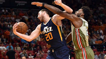 Nov 12, 2016; Miami, FL, USA; Utah Jazz forward Gordon Hayward (20) is fouled by Miami Heat forward Justise Winslow (20) during the second half at American Airlines Arena. Mandatory Credit: Steve Mitchell-USA TODAY Sports