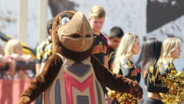 Sep 27, 2014; Bloomington, IN, USA; Maryland Terrapins mascot on the sidelines during the game against the Indiana Hoosiers at Memorial Stadium. Mandatory Credit: Pat Lovell-USA TODAY Sports