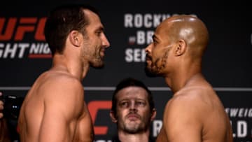 PITTSBURGH, PA - SEPTEMBER 15: (L-R) Luke Rockhold and David Branch face off during the UFC Fight Night Weigh-in on September 15, 2017 in Pittsburgh, Pennsylvania. (Photo by Brandon Magnus/Zuffa LLC/Zuffa LLC via Getty Images)