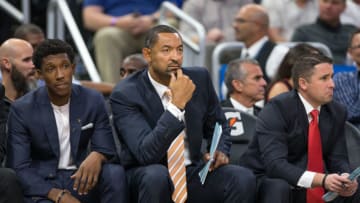 ORLANDO, FL - OCTOBER 26: Josh Richardson #0 and assistant coach Juwan Howard of the Miami Heat on the bench on opening night against the Orlando Magic on October 26, 2016 at Amway Center in Orlando, Florida. NOTE TO USER: User expressly acknowledges and agrees that, by downloading and or using this photograph, User is consenting to the terms and conditions of the Getty Images License Agreement. (Photo by Manuela Davies/Getty Images)
