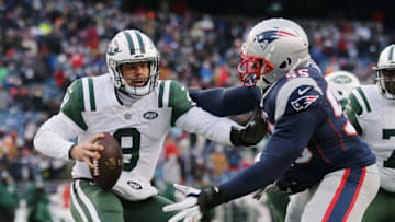 FOXBORO, MA - DECEMBER 31: Eric Lee #55 of the New England Patriots sacks Bryce Petty #9 of the New York Jets in the end zone for a safety during the fourth quarter at Gillette Stadium on December 31, 2017 in Foxboro, Massachusetts. (Photo by Jim Rogash/Getty Images)