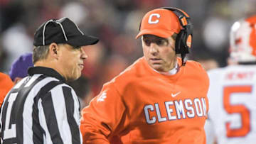 Clemson head coach Dabo Swinney talks to a line judge during the first quarter at Cardinal Stadium in Louisville, Kentucky Saturday, November 6, 2021.Ncaa Football Clemson At Louisville