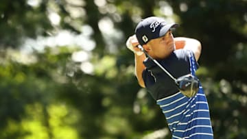 NORTON, MASSACHUSETTS - AUGUST 20: Justin Thomas of the United States plays his shot from the ninth tee during the first round of The Northern Trust at TPC Boston on August 20, 2020 in Norton, Massachusetts. (Photo by Maddie Meyer/Getty Images)