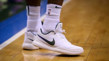 MILWAUKEE, WI - APRIL 09: A detail view of the Nike sneakers worn by Malcolm Brogdon
