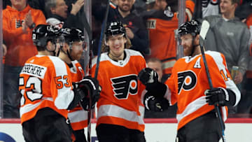 PHILADELPHIA, PA - MARCH 11: Oskar Lindblom #23 of the Philadelphia Flyers celebrates his second period goal against the Ottawa Senators with Shayne Gostisbehere #53, Claude Giroux #28, and Sean Couturier #14 on March 11, 2019 at the Wells Fargo Center in Philadelphia, Pennsylvania. (Photo by Len Redkoles/NHLI via Getty Images)