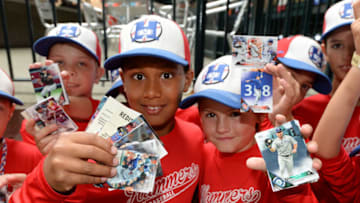DETROIT, MI - AUGUST 12: A group of young fans hold up their Topps baseball cards which were given out to fans to celebrate National Baseball Card Day prior to the game between the Detroit Tigers and the Minnesota Twins at Comerica Park on August 12, 2017 in Detroit, Michigan. The Tigers defeated the Twins 12-11. (Photo by Mark Cunningham/MLB Photos via Getty Images)