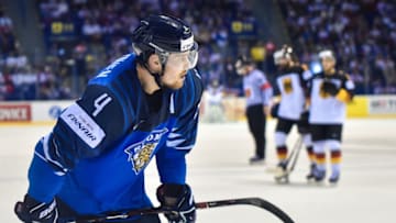 KOSICE, SLOVAKIA - MAY 21: Mikko Lehtonen #4 of Finland looks on during the 2019 IIHF Ice Hockey World Championship Slovakia group A game between Finland and Germany at Steel Arena on May 21, 2019 in Kosice, Slovakia. (Photo by Lukasz Laskowski/PressFocus/MB Media/Getty Images)