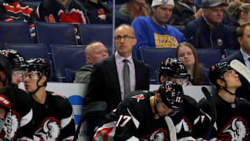 Jan 9, 2023; Buffalo, New York, USA; Buffalo Sabres head coach Don Granato watches his team from the bench during the first period against the Philadelphia Flyers at KeyBank Center. Mandatory Credit: Timothy T. Ludwig-USA TODAY Sports
