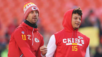 KANSAS CITY, MO - JANUARY 06: Kansas City Chiefs quarterbacks Alex Smith (11) and Patrick Mahomes (15) warm up before the AFC Wild Card game between the Tennessee Titans and Kansas City Chiefs on January 6, 2018 at Arrowhead Stadium in Kansas City, MO. (Photo by Scott Winters/Icon Sportswire via Getty Images)