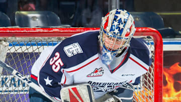 KELOWNA, BC - OCTOBER 13: Beck Warm #35 of the Tri-City Americans stands in net during warm up against the Kelowna Rockets at Prospera Place on October 13, 2018 in Kelowna, Canada. (Photo by Marissa Baecker/Getty Images)***Local Caption***