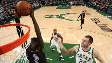 MILWAUKEE, WI - MARCH 28: Montrezl Harrell #5 of the LA Clippers dunks against the Milwaukee Bucks on March 28, 2019 at the Fiserv Forum Center in Milwaukee, Wisconsin. NOTE TO USER: User expressly acknowledges and agrees that, by downloading and or using this Photograph, user is consenting to the terms and conditions of the Getty Images License Agreement. Mandatory Copyright Notice: Copyright 2019 NBAE (Photo by Gary Dineen/NBAE via Getty Images).