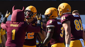 TEMPE, AZ - NOVEMBER 10: Linebacker Nick Ralston #22 of the Arizona State Sun Devils Sun Devils celebrates a five yard touchdown in the first half against the UCLA Bruins at Sun Devil Stadium on November 10, 2018 in Tempe, Arizona. (Photo by Jennifer Stewart/Getty Images)