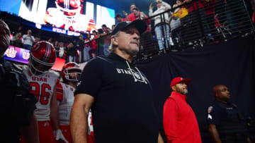 Dec 2, 2022; Las Vegas, NV, USA; Utah Utes head coach Kyle Whittingham is introduced before the game against the Southern California Trojans in the PAC-12 Football Championship at Allegiant Stadium. Mandatory Credit: Gary A. Vasquez-USA TODAY Sports