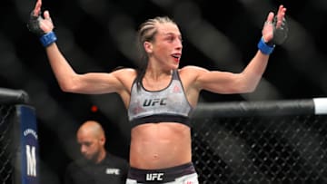 NEW YORK, NY - APRIL 07: Joanna Jedrzejczyk reacts in between rounds of her UFC women's strawweight championship bout at UFC 223 at Barclays Center on April 7, 2018 in New York City. (Photo by Ed Mulholland/Getty Images)
