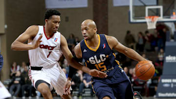 SIOUX FALLS, SD - DECEMBER 11: Sundiata Gaines #15 from the Salt Lake City Stars drives against Luis Montero #1 from the Sioux Falls Skyforce during their game at the Sanford Pentagon December 11, 2016 in Sioux Falls, South Dakota. Copyright 2016 NBAE (Photo by Dave Eggen/NBAE via Getty Images)