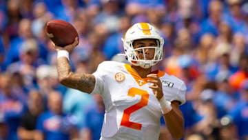 GAINESVILLE, FL- SEPTEMBER 21: Jarrett Guarantano #2 of the Tennessee Volunteers looks to pass during the first half of the game against the Florida Gators at Ben Hill Griffin Stadium on September 21, 2019 in Gainesville, Florida. (Photo by Carmen Mandato/Getty Images)